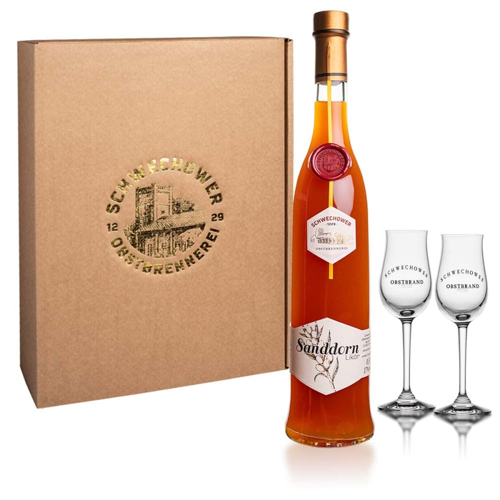 Likör Sanddorn 0.5l (17% Vol) + Gläser (Präsent 10605) | Sanddornlikör aus Mecklenburg | Geschenkset mit Gläsern | Schwechower Brennerei (1229)