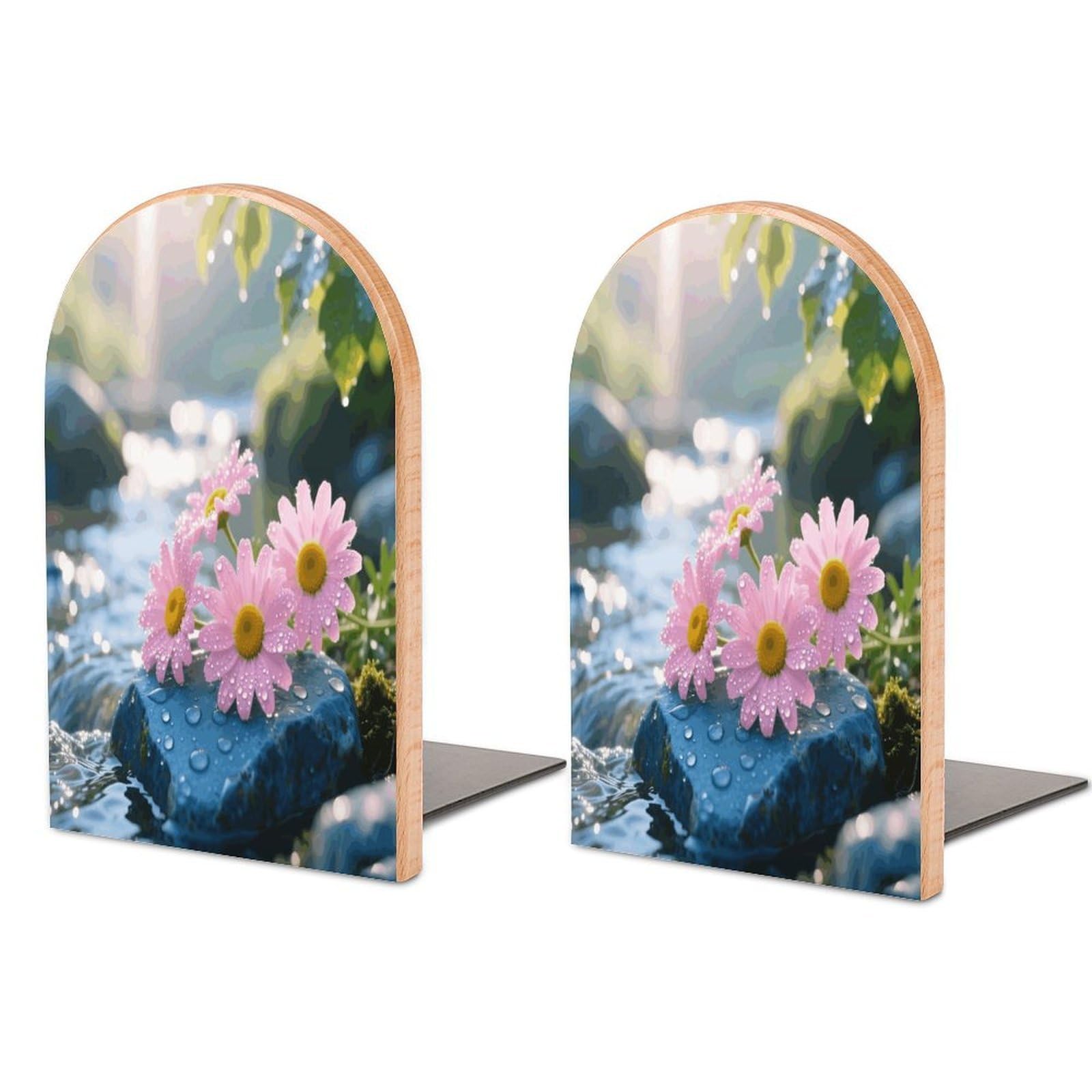 Pink Daisy Book Ends Wood Non-Skid Bookend for Shelves Heavy Duty Bookends with Metal Base Decorative Books Stopper Desk Organizers Book Dividers for Office Home 1 Pair