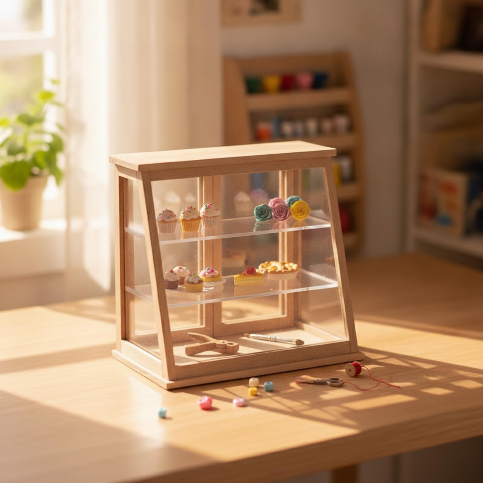 harayaa Miniatur Vitrine Puppenhaus Vitrinenschrank Schaukasten aus Holz mit Schräger Front Und Seitenscheiben Zwei Einlegeböden für Puppenhaus Laden Dioramen, Kirschbaumholz