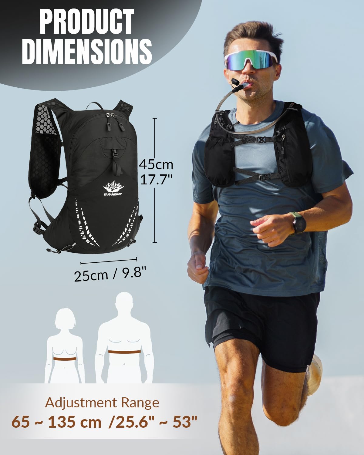 Zaino idrico grande multitasche con sacca d'acqua da 2 l, per uomo e donna, impermeabile, leggero, con tasca per telefono, per ciclismo, corsa, maratona, jogging, nero