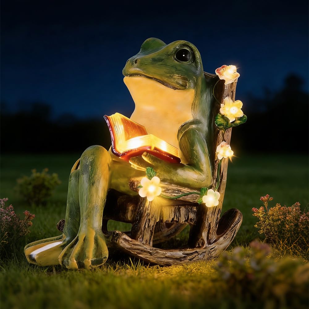ZOYDP Solar Garden Ornaments Frog, Waterproof Garden Ornaments Outdoor Statue, Solar Animal Statue Reading Frog for Home Yard Lawn Housewarming Gift — image 1