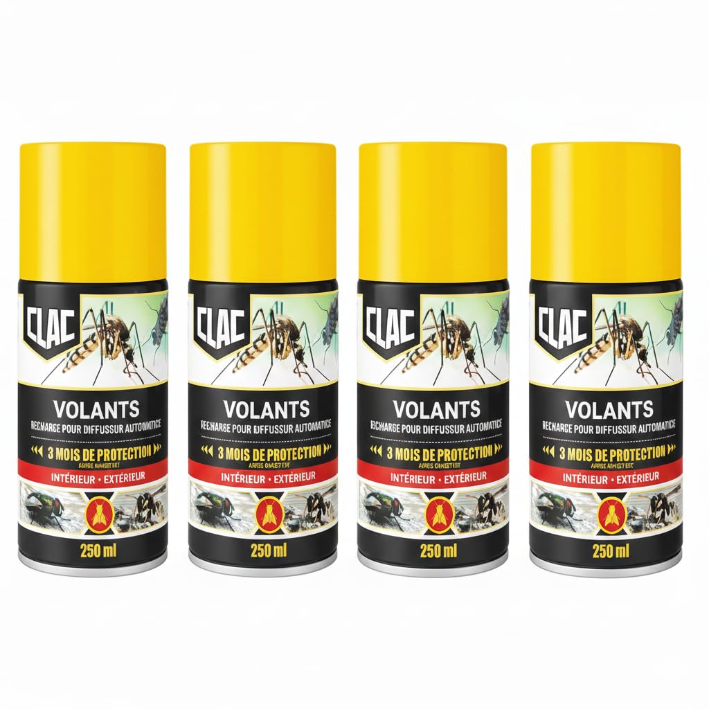 MOUCH'CLAC - Recharge Pyrèthre Anti Mouches & Anti Moustiques - Lot de 4 - Manuel ou pour Diffuseur Automatique - Haute Qualité - Effet Immédiat - 1000ml