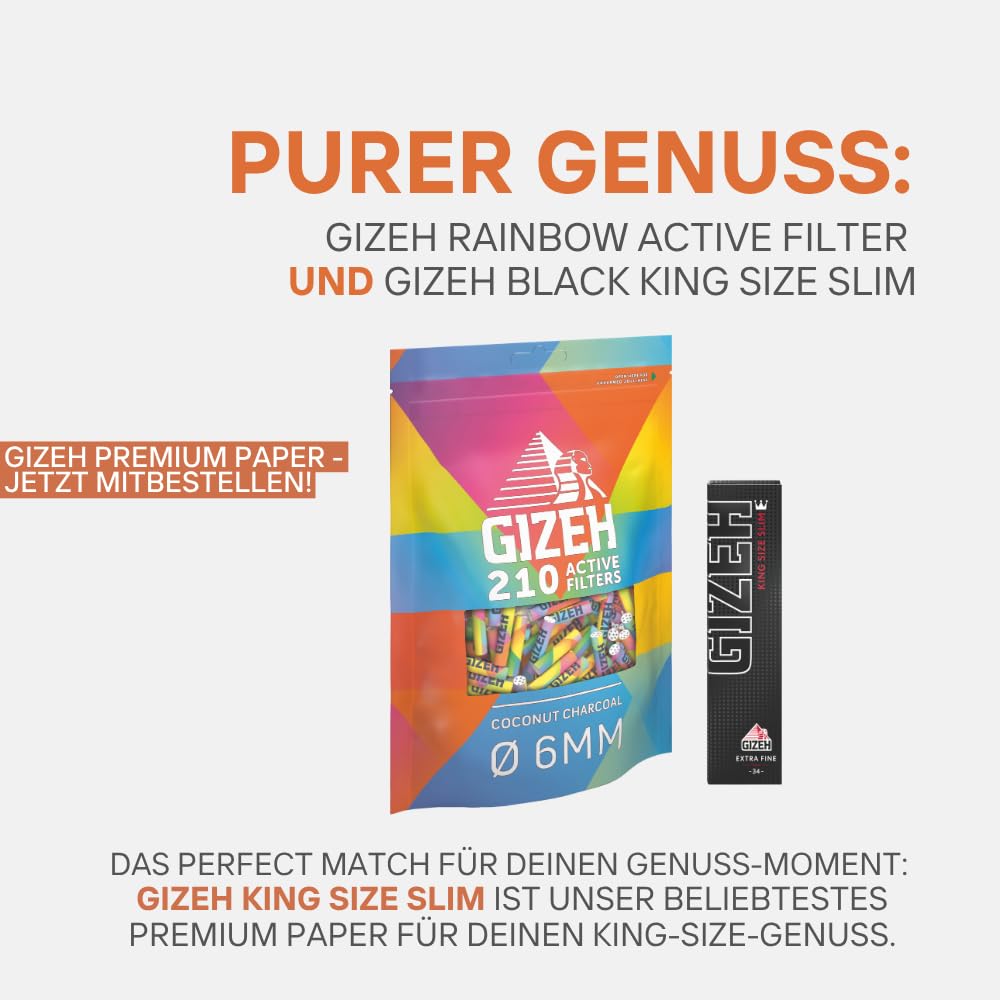 GIZEH RAINBOW Active filtr – filtr z węglem aktywnym o średnicy 6 mm, w opakowaniu 210 sztuk, filtr z węglem aktywnym z skorupy kokosowej, filtr o długości 27 mm