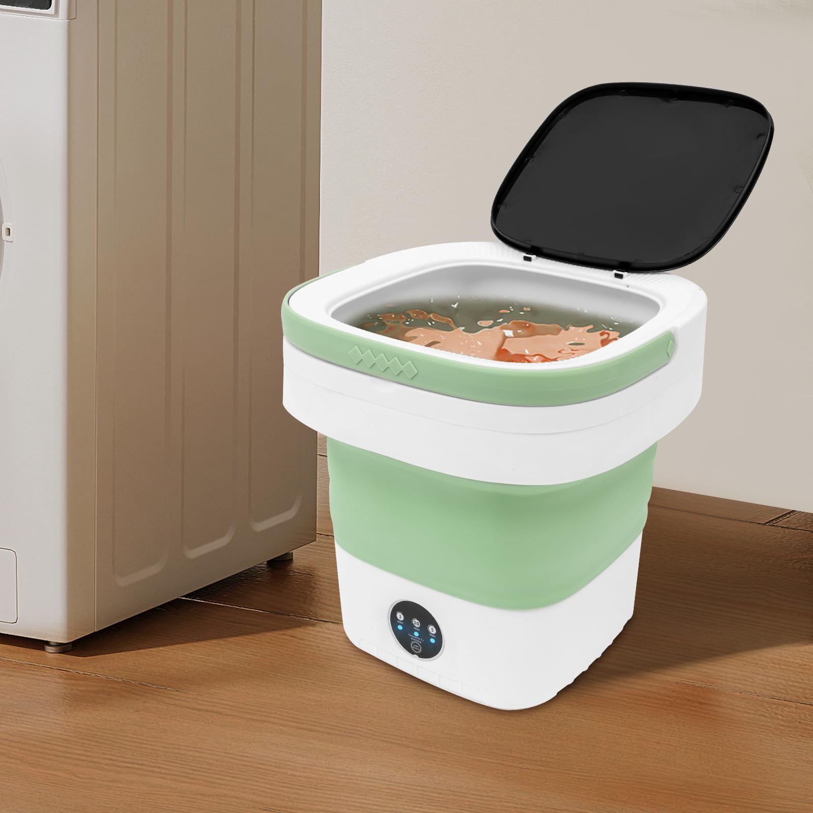 Mini Lavadora, 12L Portátil Plegable Lavadora con Tubo de Desagüe y Cesta de Goteo - Pequeña Lavadora Eléctrica para Ropa Interior, Calcetines (Verde)