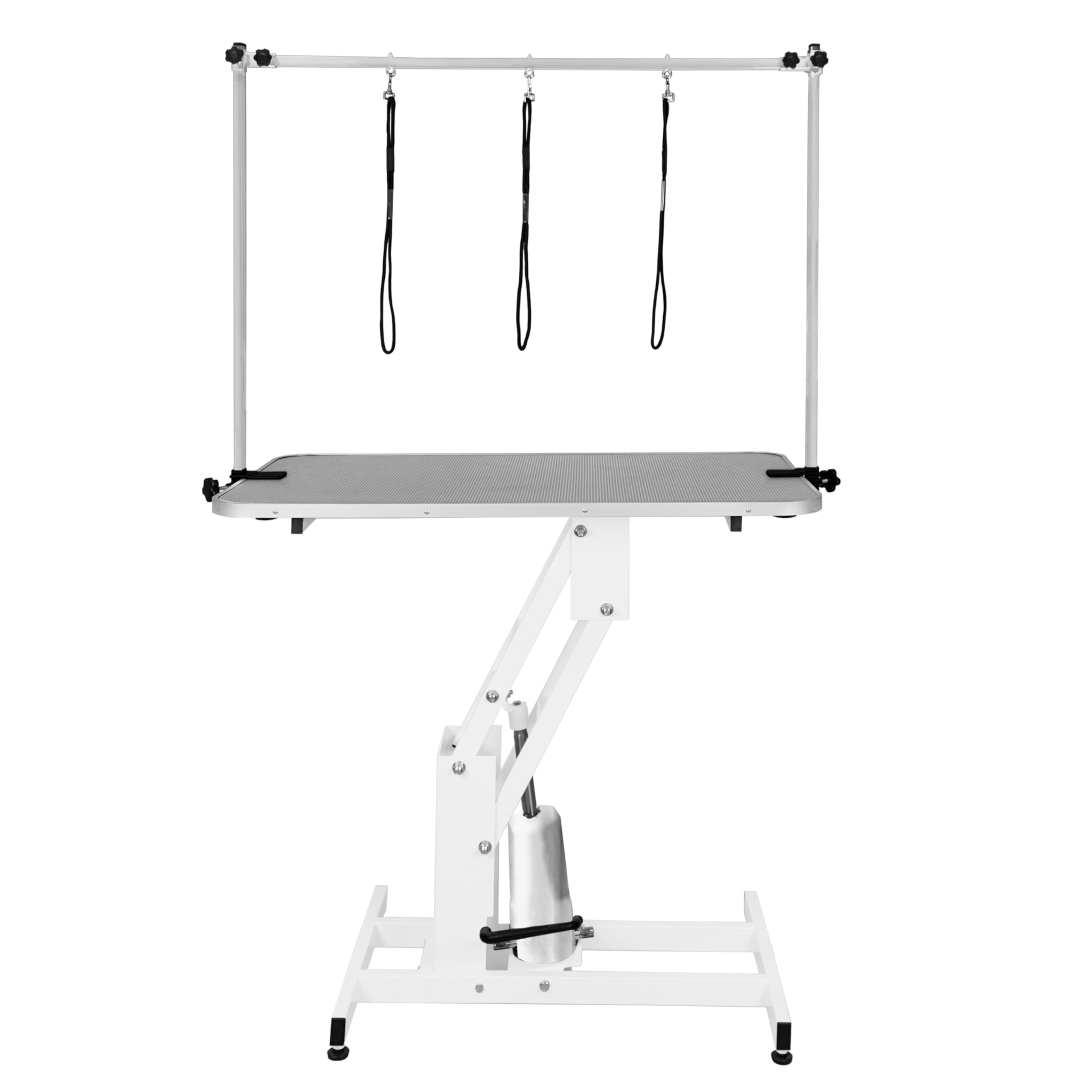 Hydraulischer Hundepflegetisch Höhenverstellbar Profi Trimmtisch | für Tiere bis zu 180kg | 106 x 61cm Gummioberfläche, 4 anpassbare Stallfüße & 3 Schlaufenleinen [Weißer Rahmen & Grauer Tisch]