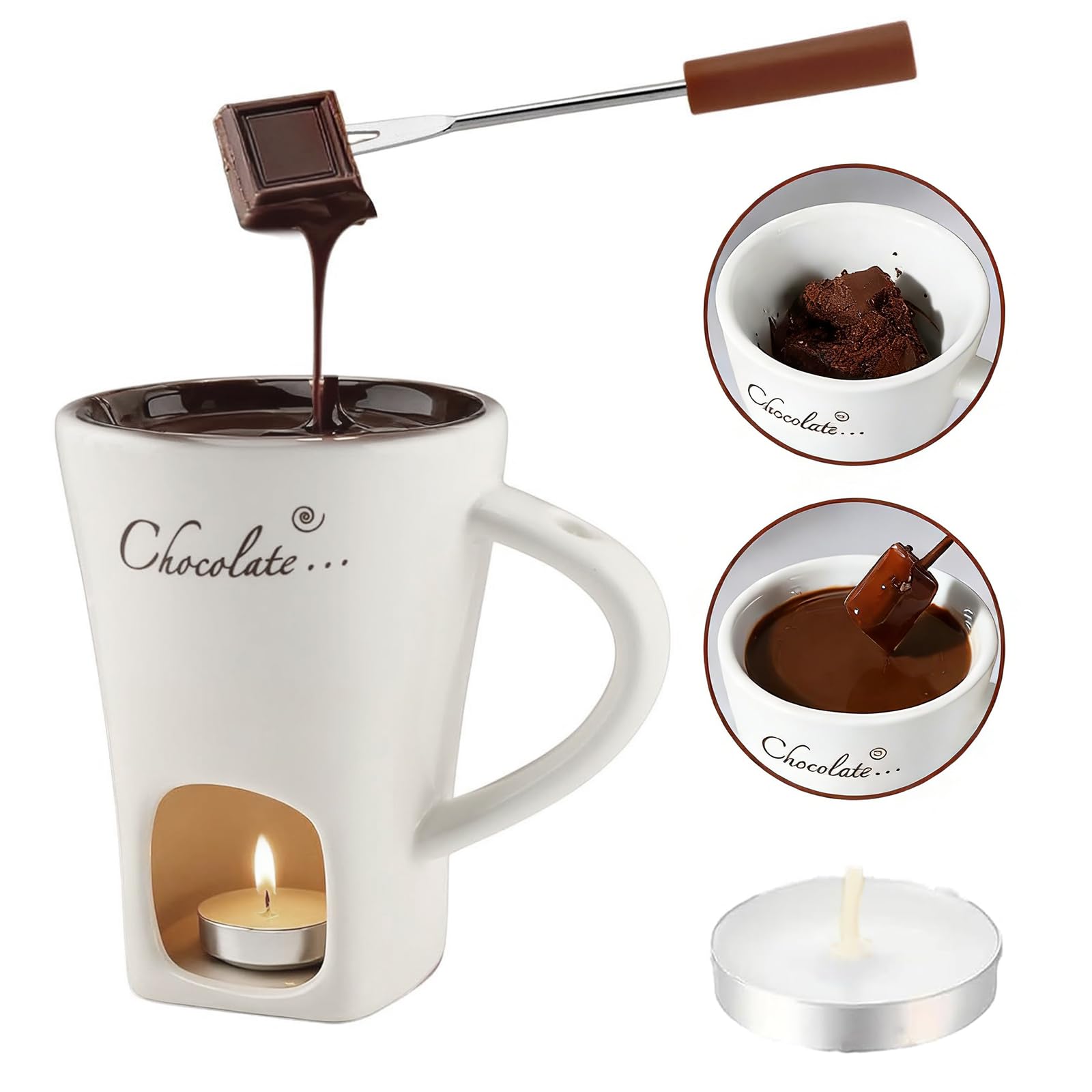 Chocolate Fondue Mug with Candle, Chocolate Melting Mug with Fork for Melting Chocolate, Cheese & Butter, Ceramic Chocolate Fondue Cup for Dessert, Snacks and Parties (White)