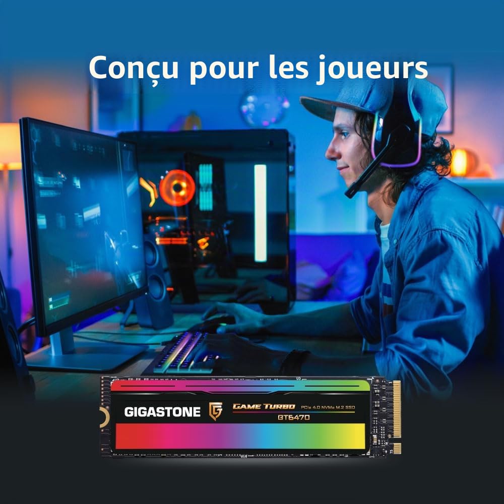 Gigastone SSD NVMe 1To M.2 2280 PCIe Gen4, jusqu'à 7,300 Mo/s pour PS5 Ordinateur Portable et de Bureau, internes Disque Dur ssd 3D NAND SLC Cache Les Passionnés de PC Les Joueurs GT6470