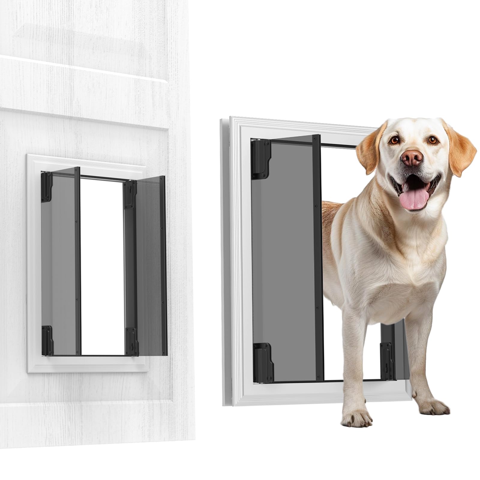 Dog Doors for Large Dogs, Energy Efficient French Dog Door with Aluminum Frame, Telescoping Tunnel, Magnetic Flaps and Sliding Lock Panel - XLarge