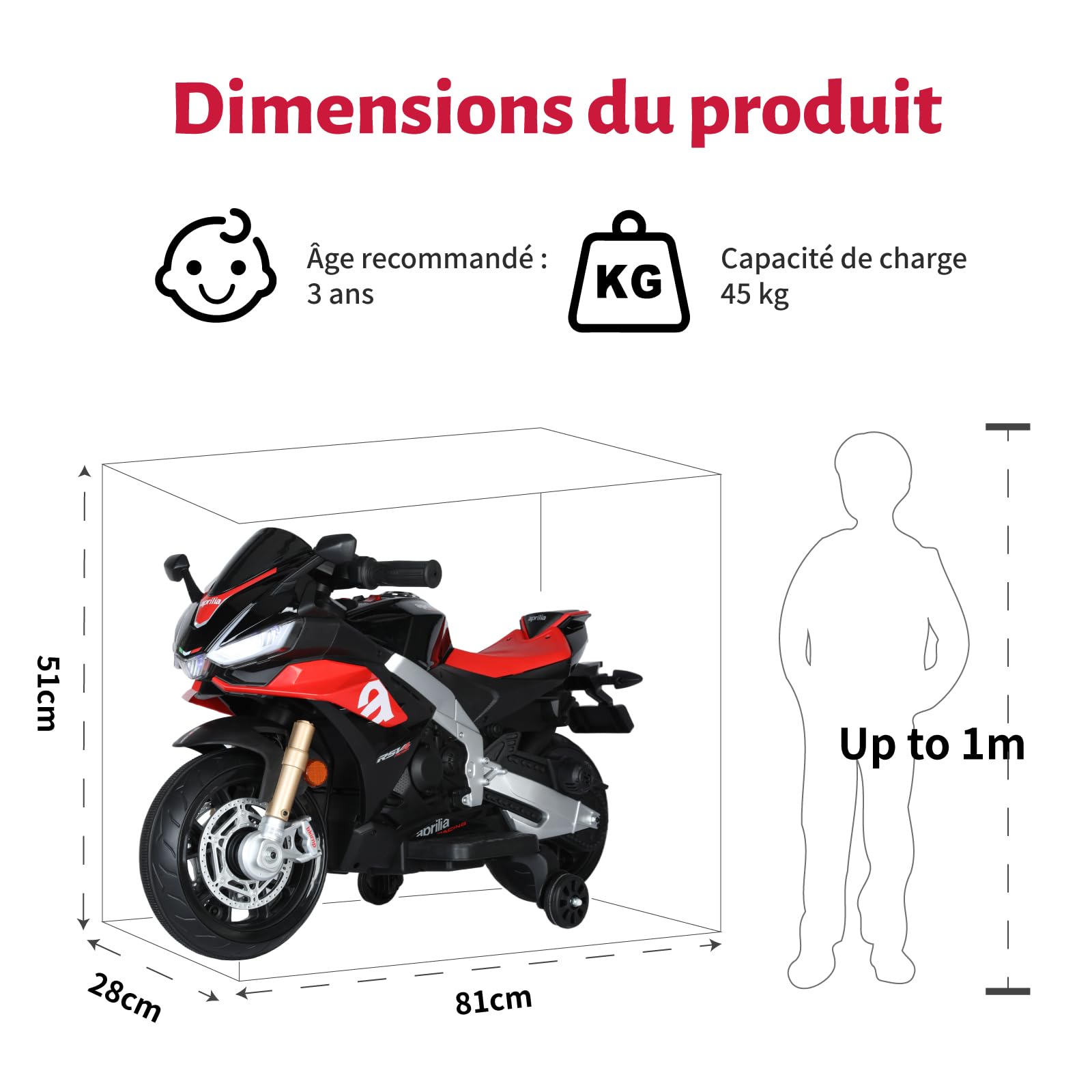 TCARAIWEN Moto Elettrica Bambini, Aprilia RSV4 Licenza Ufficiale 12V per Bimbi di 3 Anni, Mini Motorino Elettrico 102cm con Ruote di Supporto, Bluetooth, 5 km/h (Nero, Piccolo(81cm))