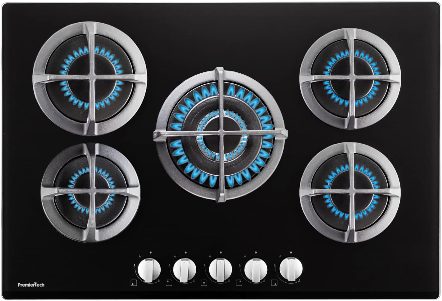 PremierTech Piano cottura a gas 5 fuochi 75 cm Vetro Nero PC5G75V PremierTech Piano cottura a gas 5 fuochi 75 cm Vetro Nero PC5G75V