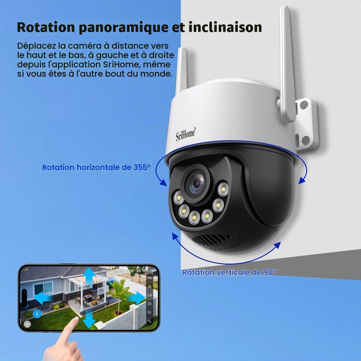 SRIHOME 8MP 2.4/5GHz PTZ caméra de Surveillance WiFi extérieure 3X électronique Zoom Suivi Automatique détection Humaine Audio Vision Nocturne bidirectionnelle