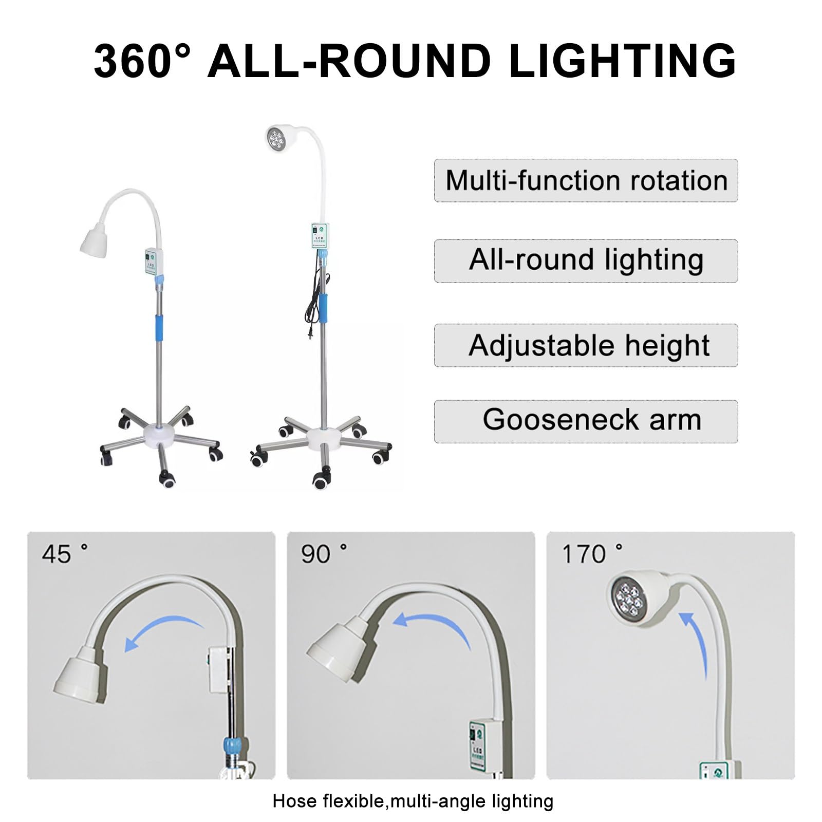 Lampada Mobile per Visita Ginecologica a LED da 21 W, Lampada da Visita Chirurgica Flessibile a Collo D'oca, Base Girevole con Ruote da Pavimento