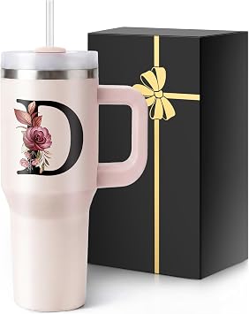 Initial 40 Oz Tumbler with Handle Lid Insulated Travel Cup Women Her Sister Mom Girlfriend Aunt Best Friend Friendship Bestie Wife Birthday Cool Cute Daughter Law Lady Unique Aesthetic Gift D