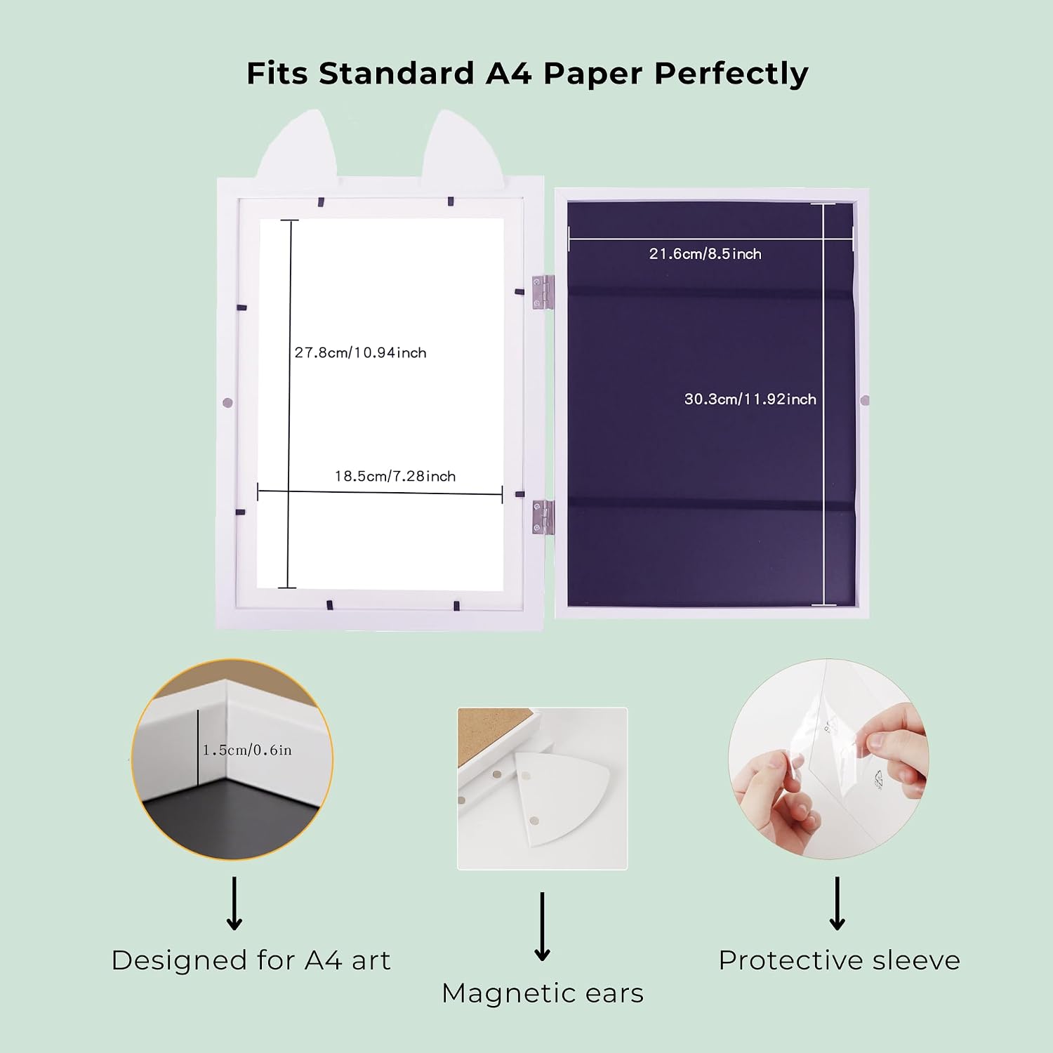 Kids Artwork Storage Frame (2 Pack) – Front-Opening Display Holds 100 A4 Drawings, Easy-Change Magnetic Door, Wall or Tabletop – Detachable Animal Ears, White