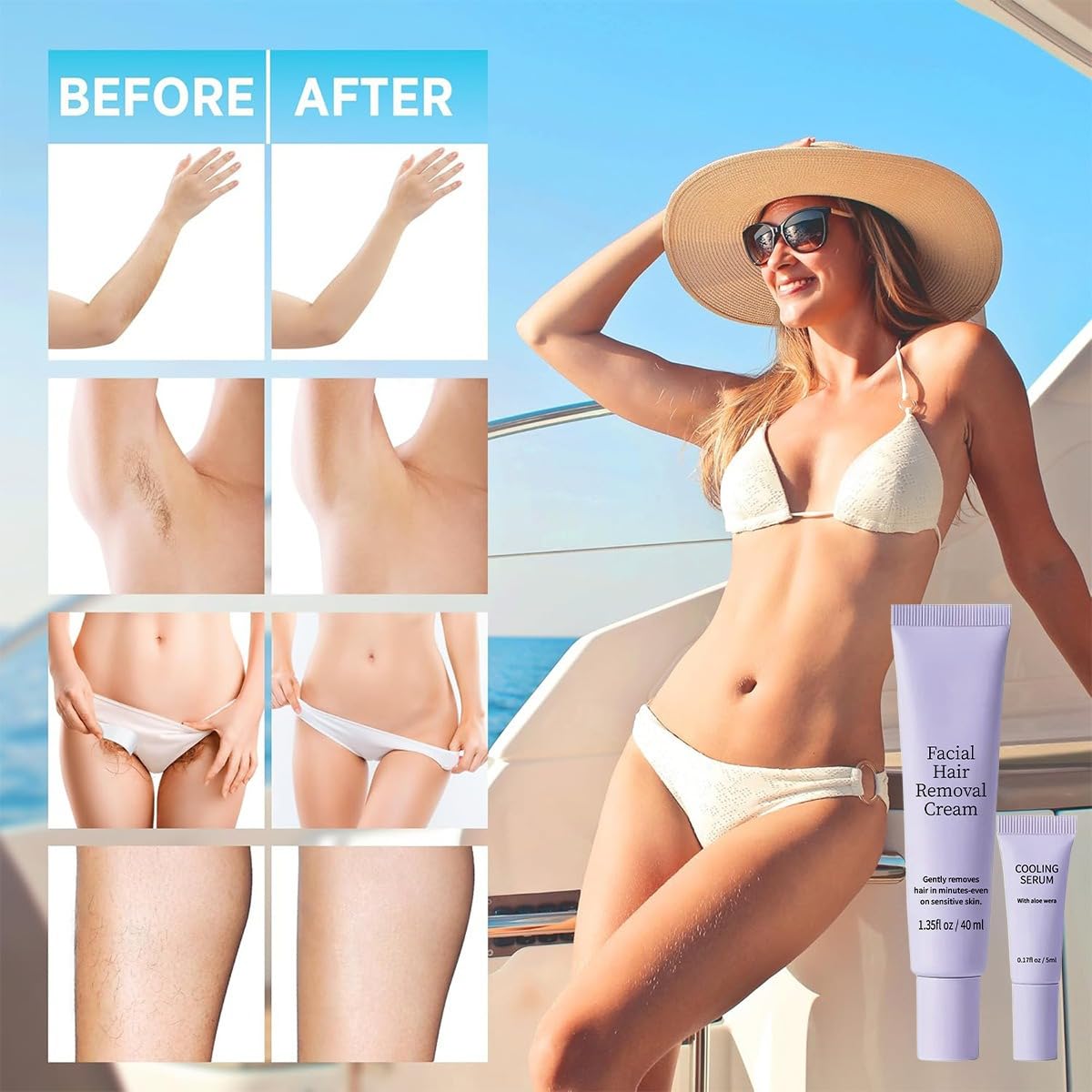 Crema depilatoria per il viso da donna con siero lenitivo rinfrescante – arricchita con aloe vera, ideale per mento, labbro superiore e zampe (6 pezzi)