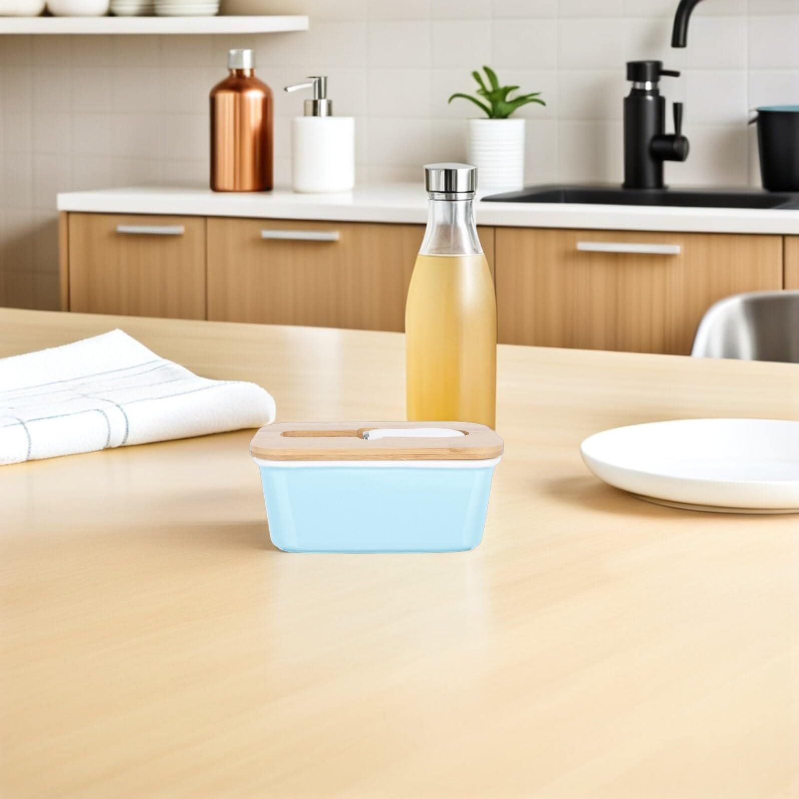 Veemoon Beurrier Rectangulaire en Céramique 600 Ml avec Couvercle Hermétique en Bois et Couteau Intégré Beurrier Décoratif pour Réfrigérateur Cuisine Conservation Optimale du Beurre et