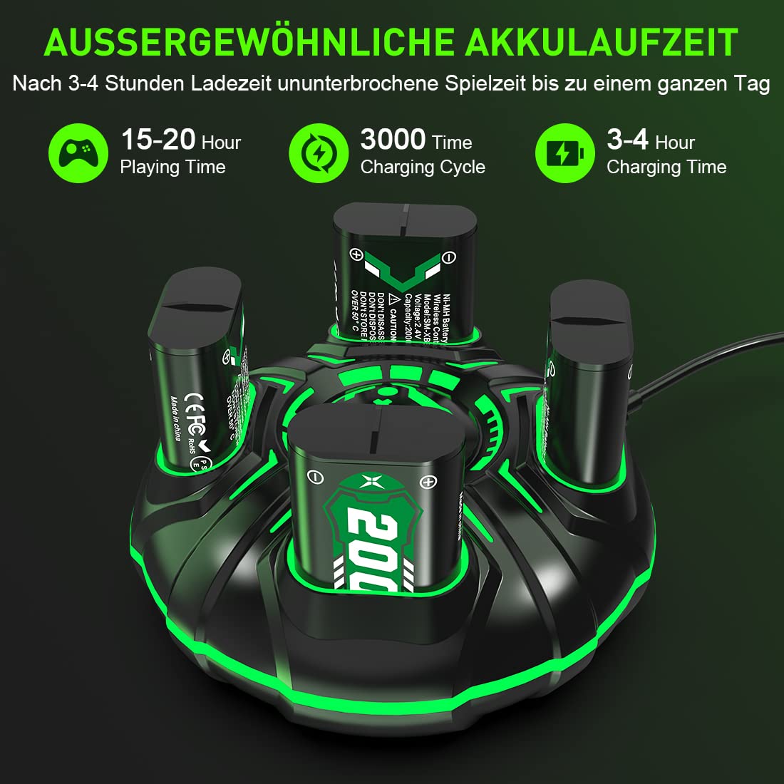Lot de 4 batteries rechargeables 2000 mAh avec chargeur pour Xbox One S/Xbox One X/Xbox One Elite sans fil, protection intelligente durable