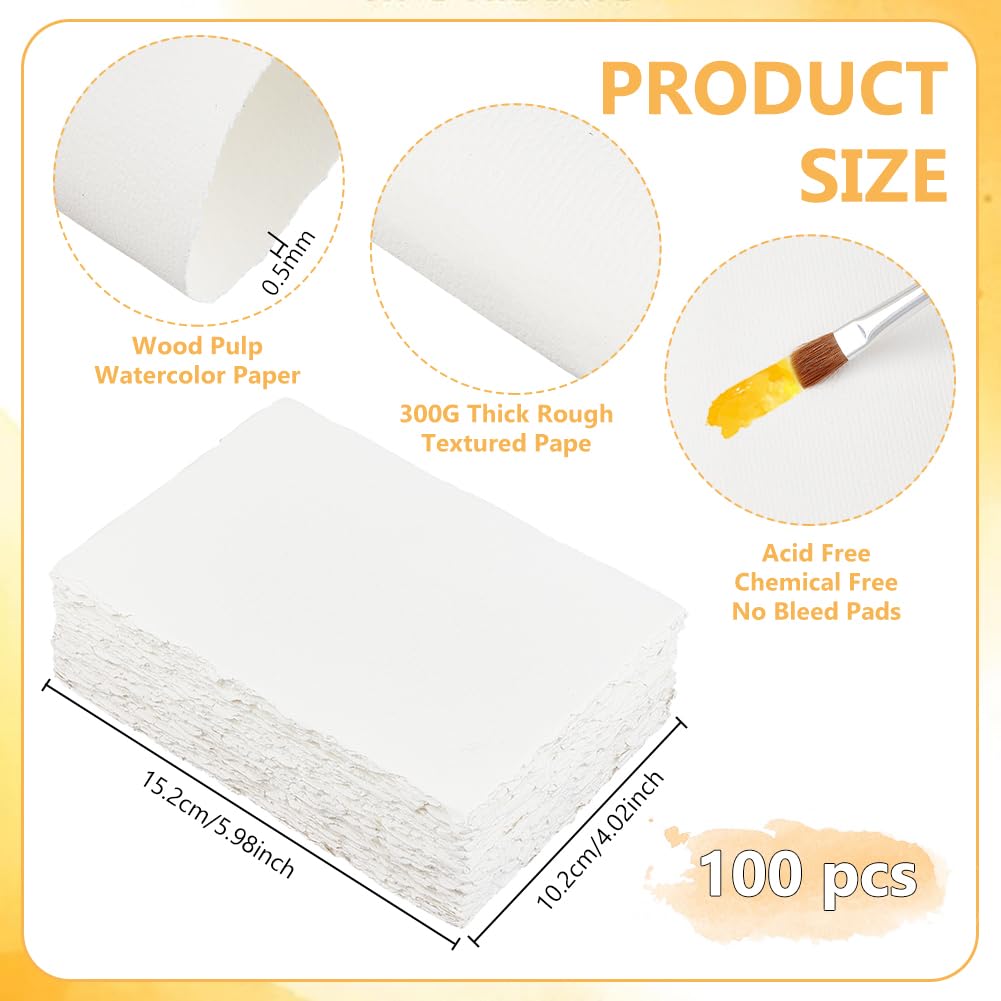 BENECREAT 100 Feuilles Papier Aquarelle Coton Fait Main 140g/m² - Papier Texturé Blanc à Bords Frangés 15,2x10,2cm Pressé à Froid pour Aquarelle Acrylique Esquisse Invitations Mariage Artisanat