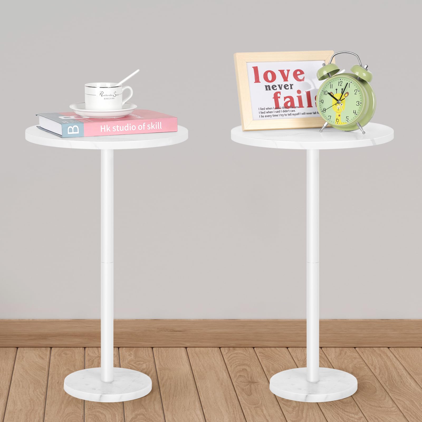 White Round Side Table Small End Table Set of 2 Modern Accent Table Pedestal Drink Table with Marble Base for Small Spaces Living Room Bedroom Outdoor