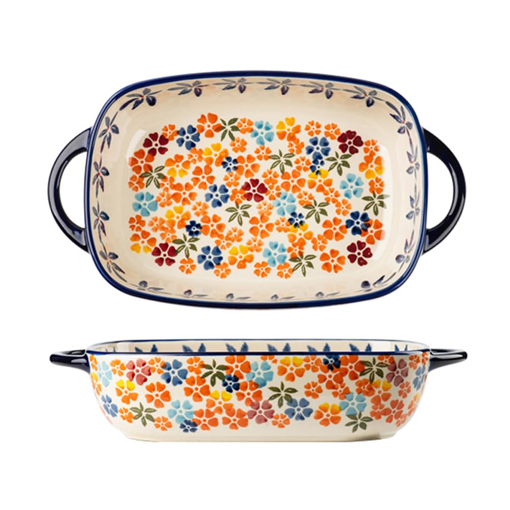 Dxcaicc Orange Flowers Lasagne Dish Ceramics Creative Double-Handled Plate Deep Dish Home Polish Retro Exquisite Shape And Delicate Style Rectangular Ceramic Baking Tray,,Big