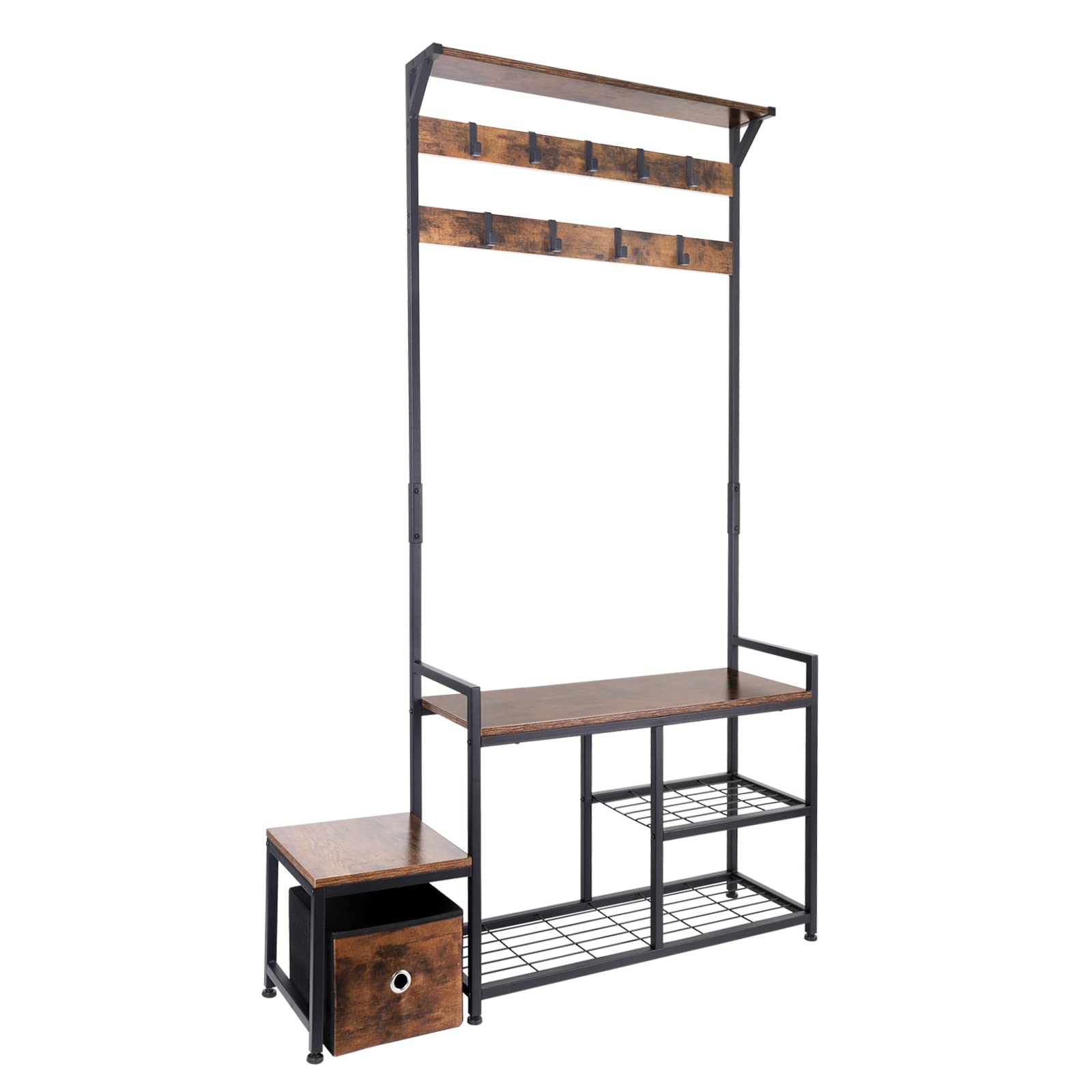 Photo 1 of HOMEKOKO Coat Rack Shoe Bench, Hall Tree Entryway with Sitting Bench, Wood Look Accent Furniture with Metal Frame, 4-in-1 Design (Rustic Brown)