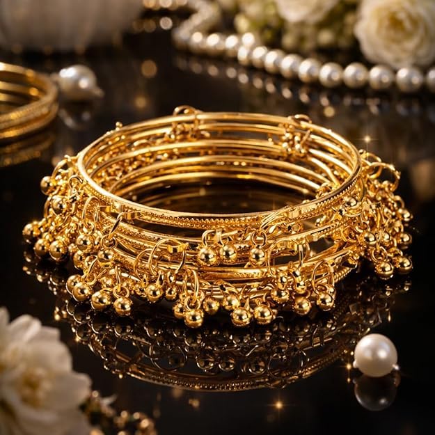 Image of Kashmiri Traditional Bangles Set for Women | Gold Plated Handcrafted Ghungroo Bangles | Ethnic Bridal Festive Jewellery | Set Of 4 Bangles