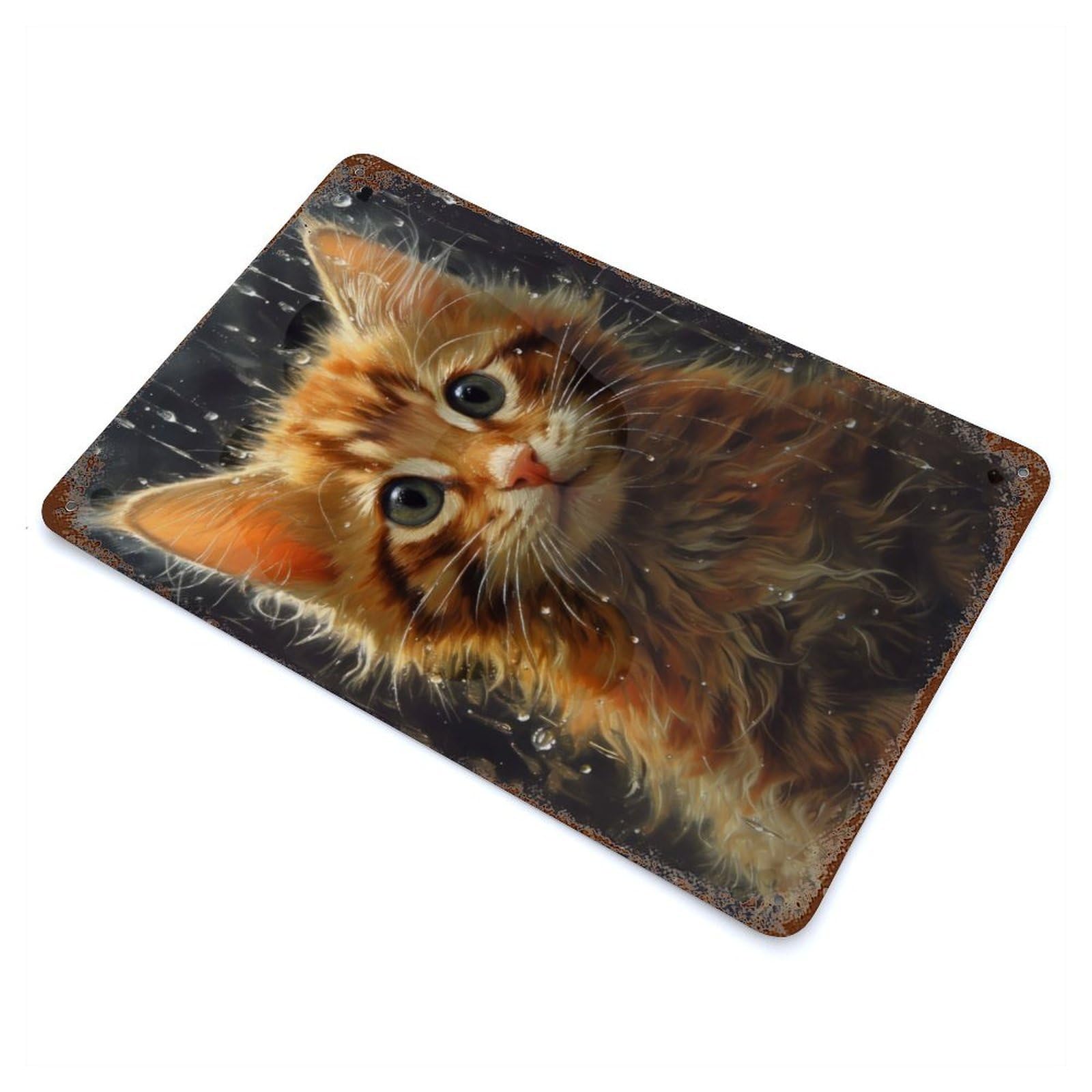 Retro Metal Sign Wet Cat CloseUp 11.8"x7.9", Retro Wall Decor for Living Room, Hallway And Home Decor
