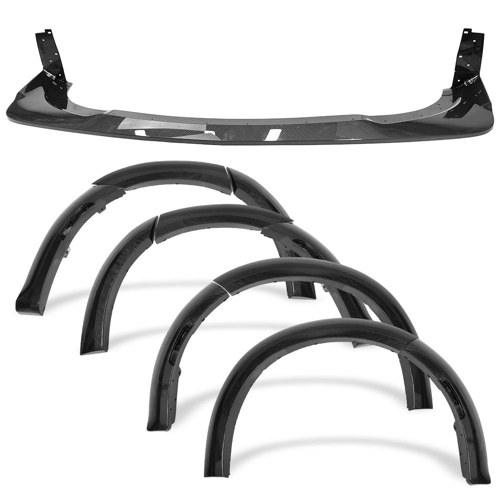FREEMOTOR802 Compatible with 2015-2023 Dodge Charger Front Bumper Lip & Fender Flares, Widebody Style Carbon Fiber Print CFL Front Bumper Lower Body