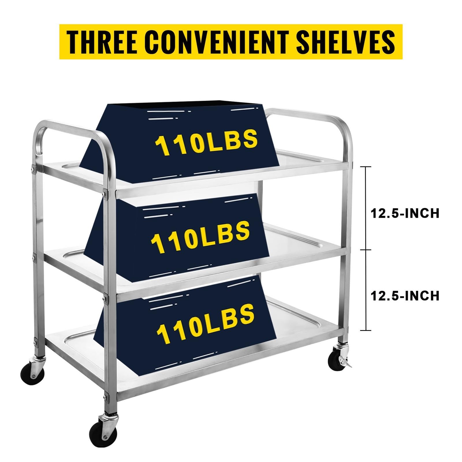 Carrello da cucina in acciaio inox a 3 ripiani Carrello da cucina da 330 LBS for aeroporti commerciali, hotel, ristoranti, club Ristorazione alimentare Efficienza