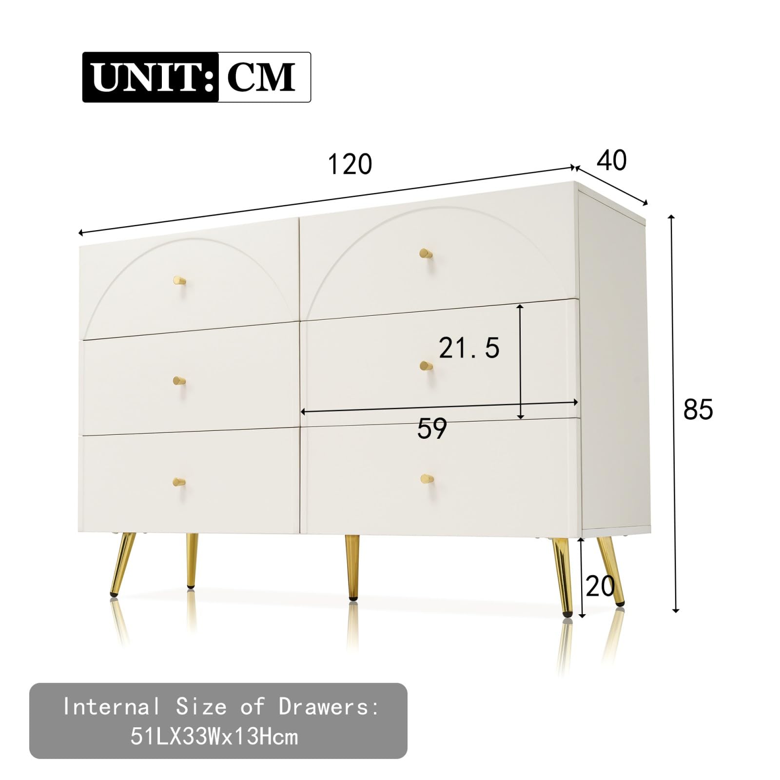 PUGSDRLY Commode à 6 tiroirs avec tiroirs blancs, armoire de rangement avec tiroirs, style moderne, buffet pour salon et chambre (H85/L120/P40 cm)