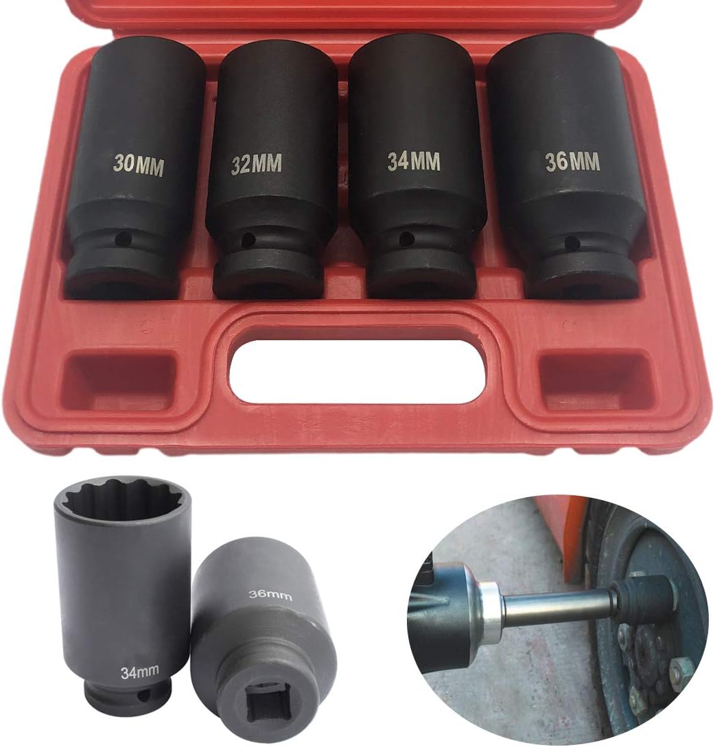 4pcs Deep Impact Socket Set 1/2" Drive Metric 30,32,34,36mm 12 Point 90mm Deep Spindle Axle Nut Impact Socket Set Cr-V Steel Heavy Duty Portable Socket Set with Storage Case
