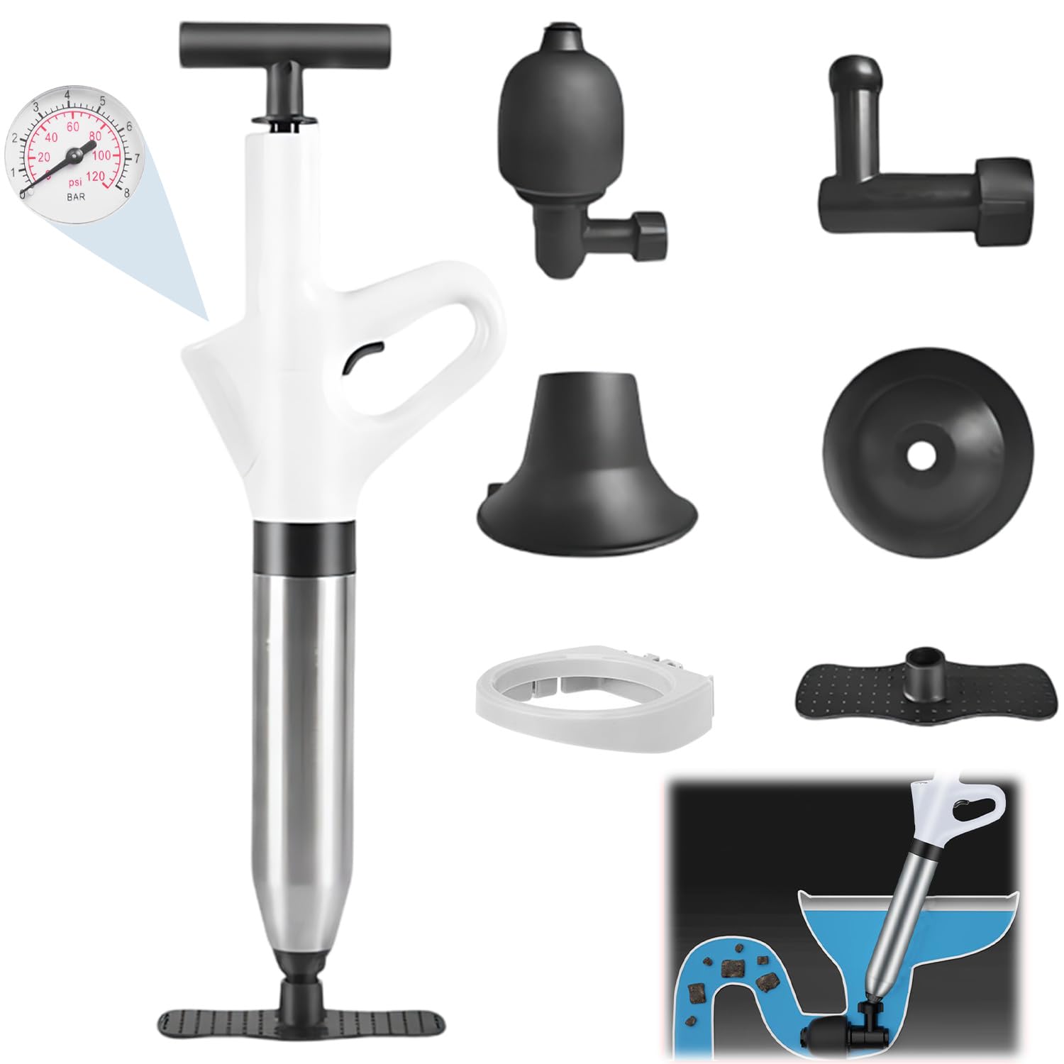 Toilet Unblocker Heavy Duty Plunger, High Pressure Plunger Kit with 4 Replaceable Heads and Inflatable Footbed