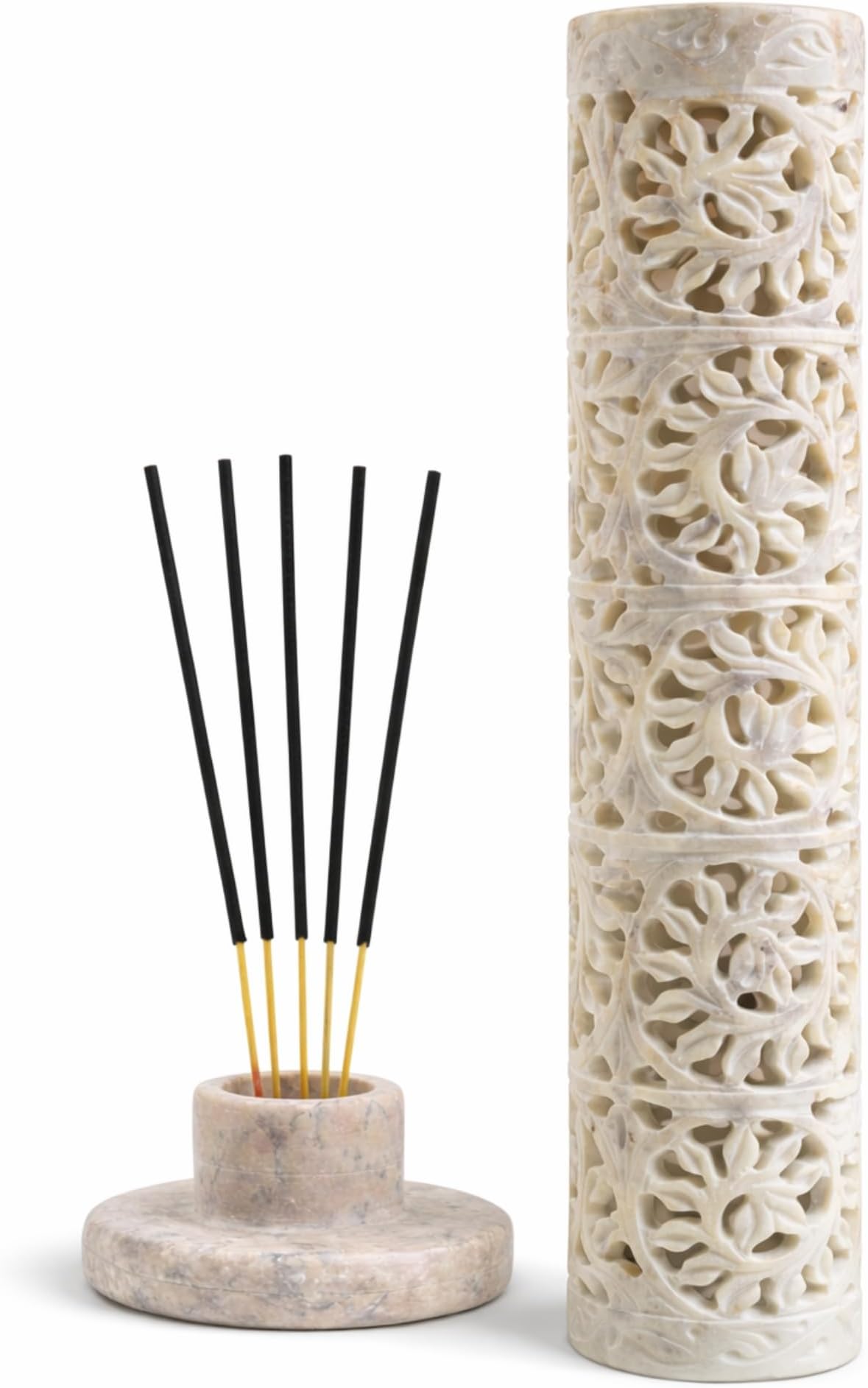 Hand Carved Marble Soapstone Incense Stick Burner Candle Holder for Home and Kitchen Decor (3 x 3 x 11 Inches)