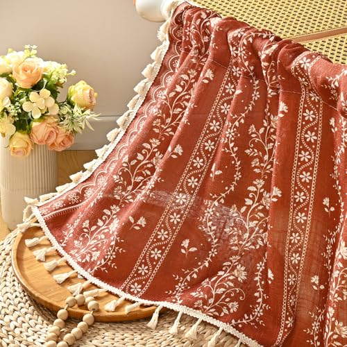 Image of Yinhua 2 Pack Boho Valance Curtains Vintage Linen Kitchen Valances for Windows Light Filtering Valance Rod Pocket Farmhouse Rustic Tassel Window Valances for Bathroom Cafe, 52 inch W X 18 inch L, Terracotta