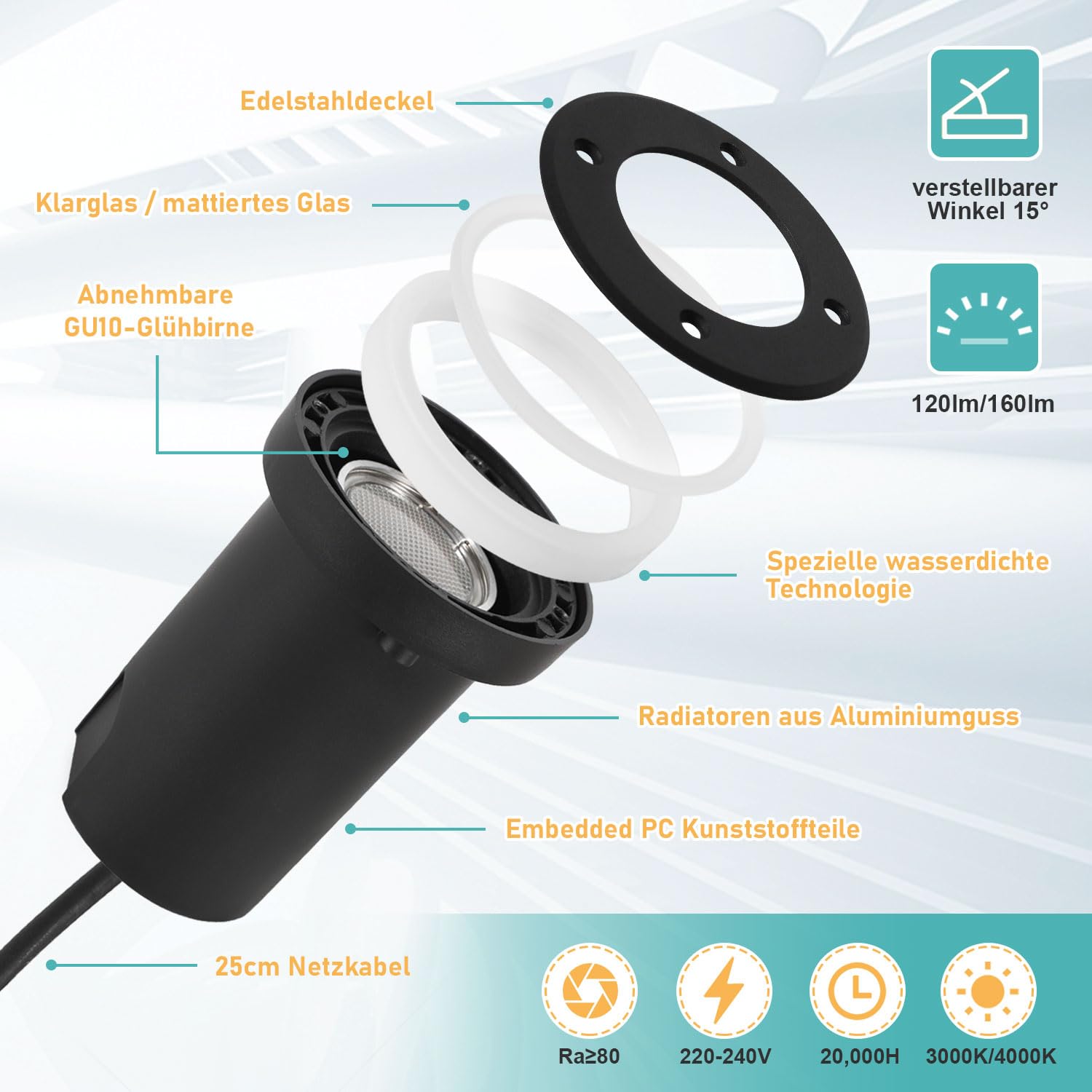 Herrselsam Bodeneinbauleuchte für GU10, 8er set Bodeneinbaustrahler Aussen Led Runde, IP67-Wasserdicht Bodenstrahler, Drehbarer Bodenleuchten mit Lichtquelle, Neutralweiß 4000K (Schwarz)