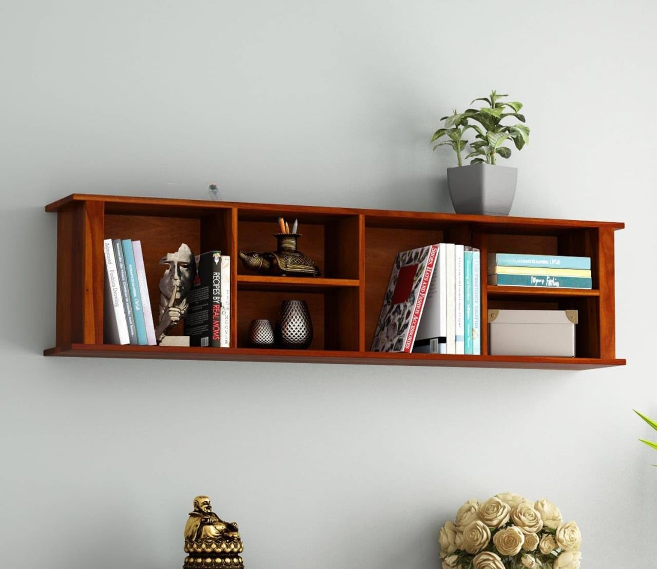 Solid Sheesham Wood Book Shelf for Wall 6 Open Shelves for Bedroom Wooden Wall Mounted Book Storage Rack Shelf for Living Room Décor Home Office Library, Honey Brown-image-6
