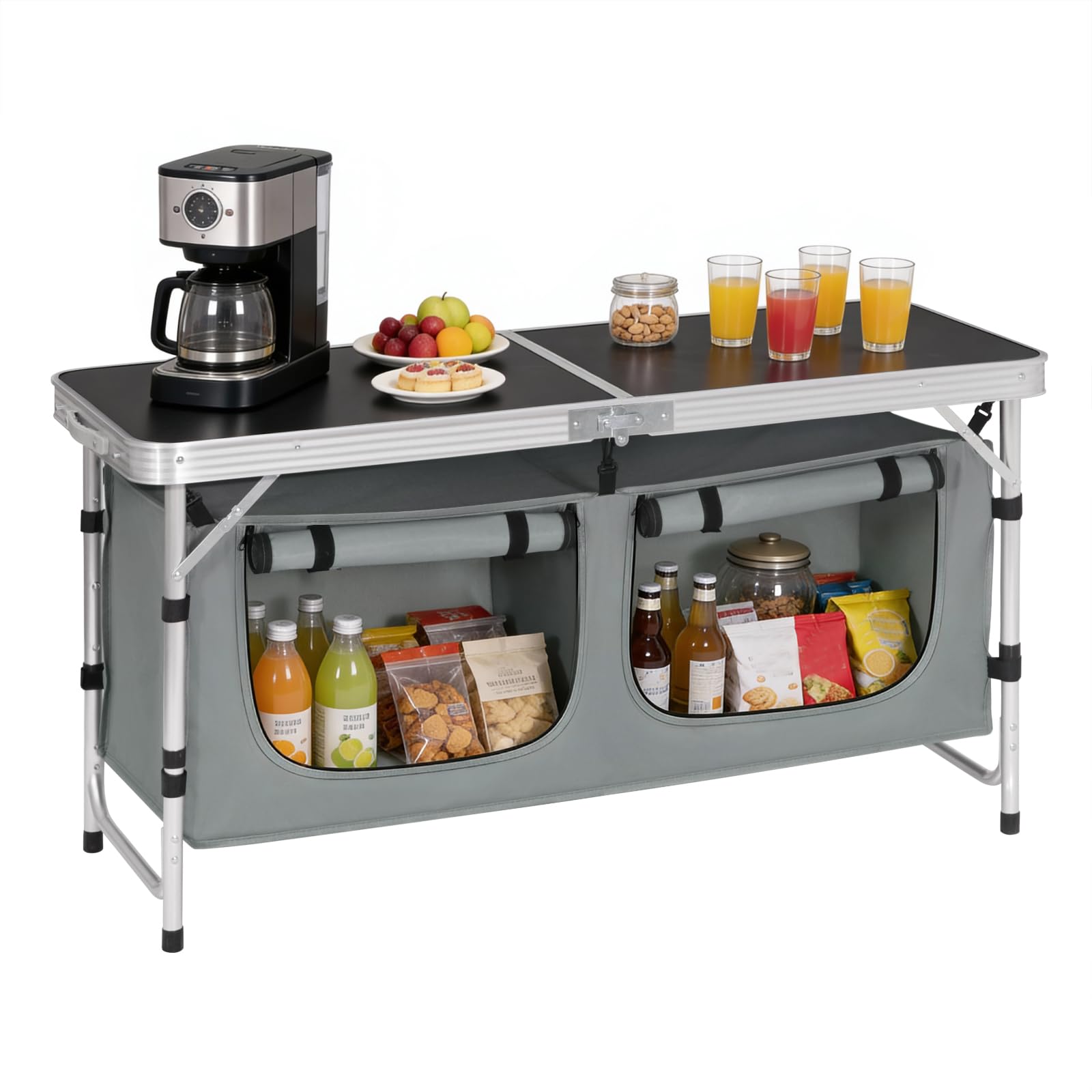WOLTU Tavolo da Picnic Pieghevole, Mobile Cucina da Campeggio, Esterno, in MDF e alluminio con 2 Scomparti Regolabili in Altezza, 120 x 47 x 62/69.5 cm