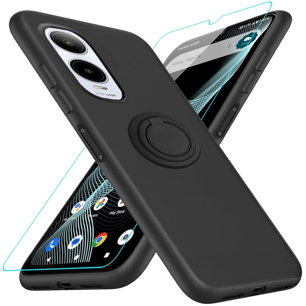 Nijiadi Cricket Icon 6 Phone Case with Glass Screen Protector, 360 Rotatable Ring Holder Kickstand/Stand, Silicone TPU Shockproof Protective Cover