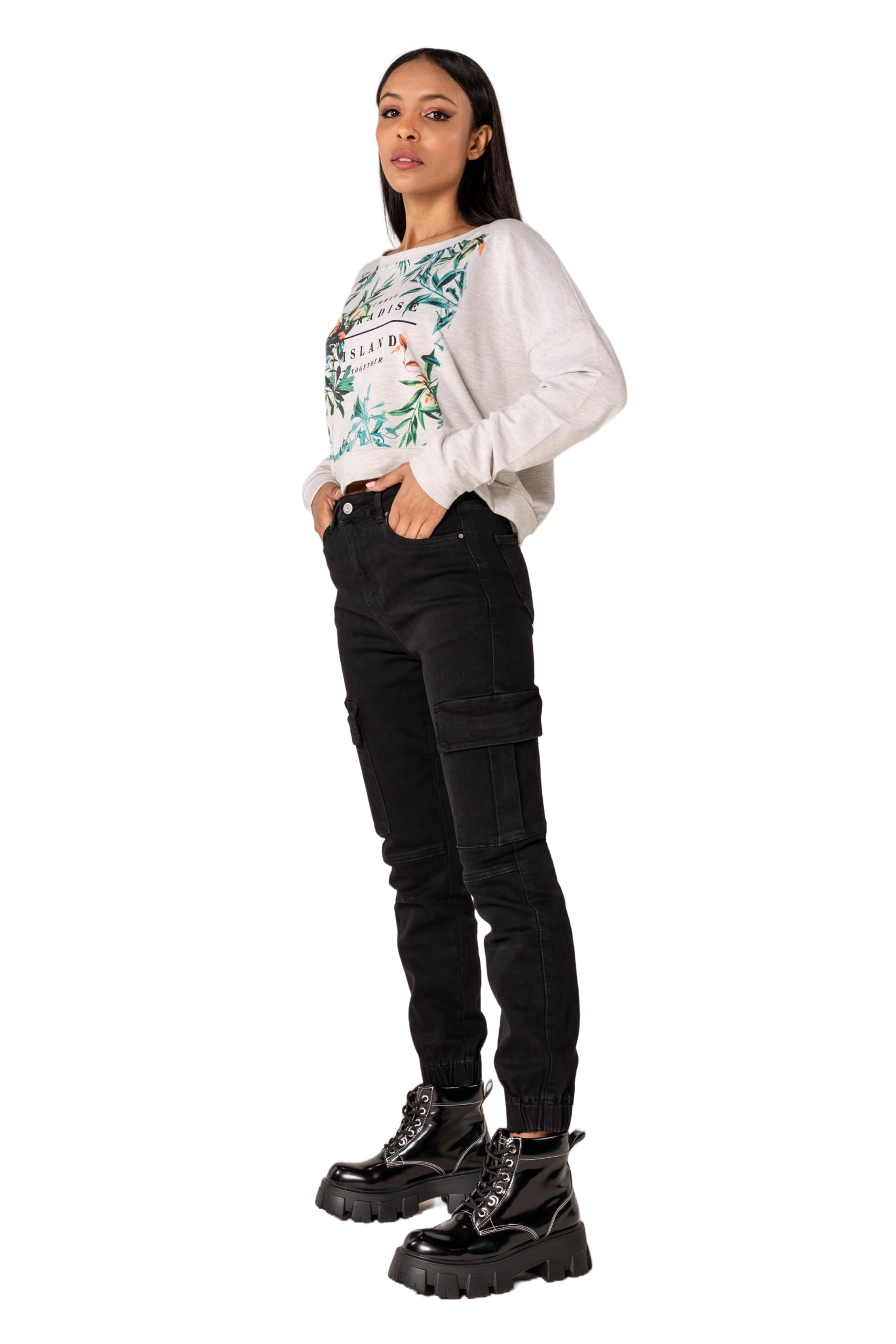 Nina Carter P219 Damen Cargo Jeans High Waist Relaxed Fit Jeanshosen Elastischen Beinabschlüssen Used-Look