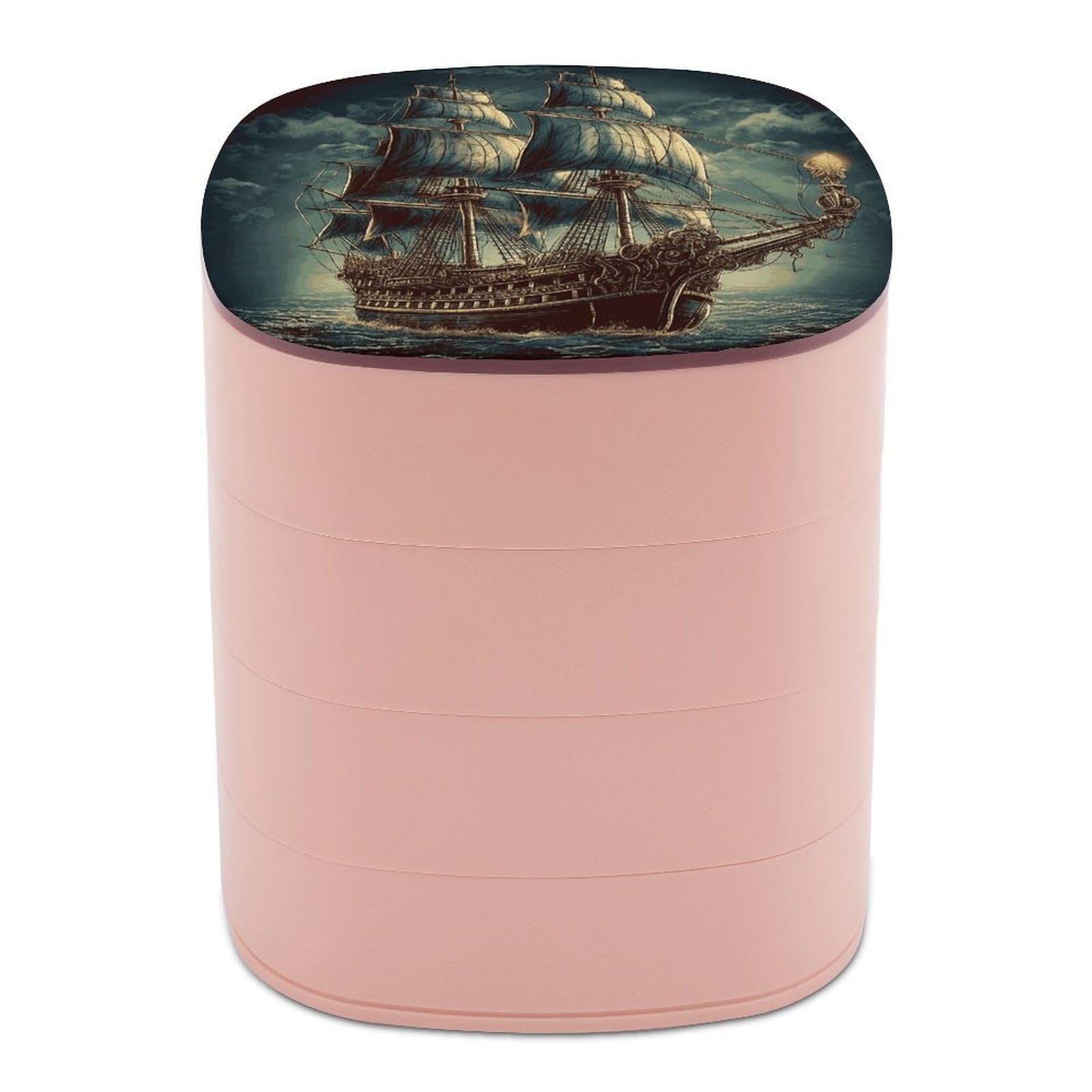 VstaDank Nautical Vintage Sailing Pirate Ship Jewelry Case Women Portable Travel Jewelry Box Rotating Jewelry Organizer with Mirror Multi-Layer Necklace Ring Earring Storage Box for Bracelets Rings