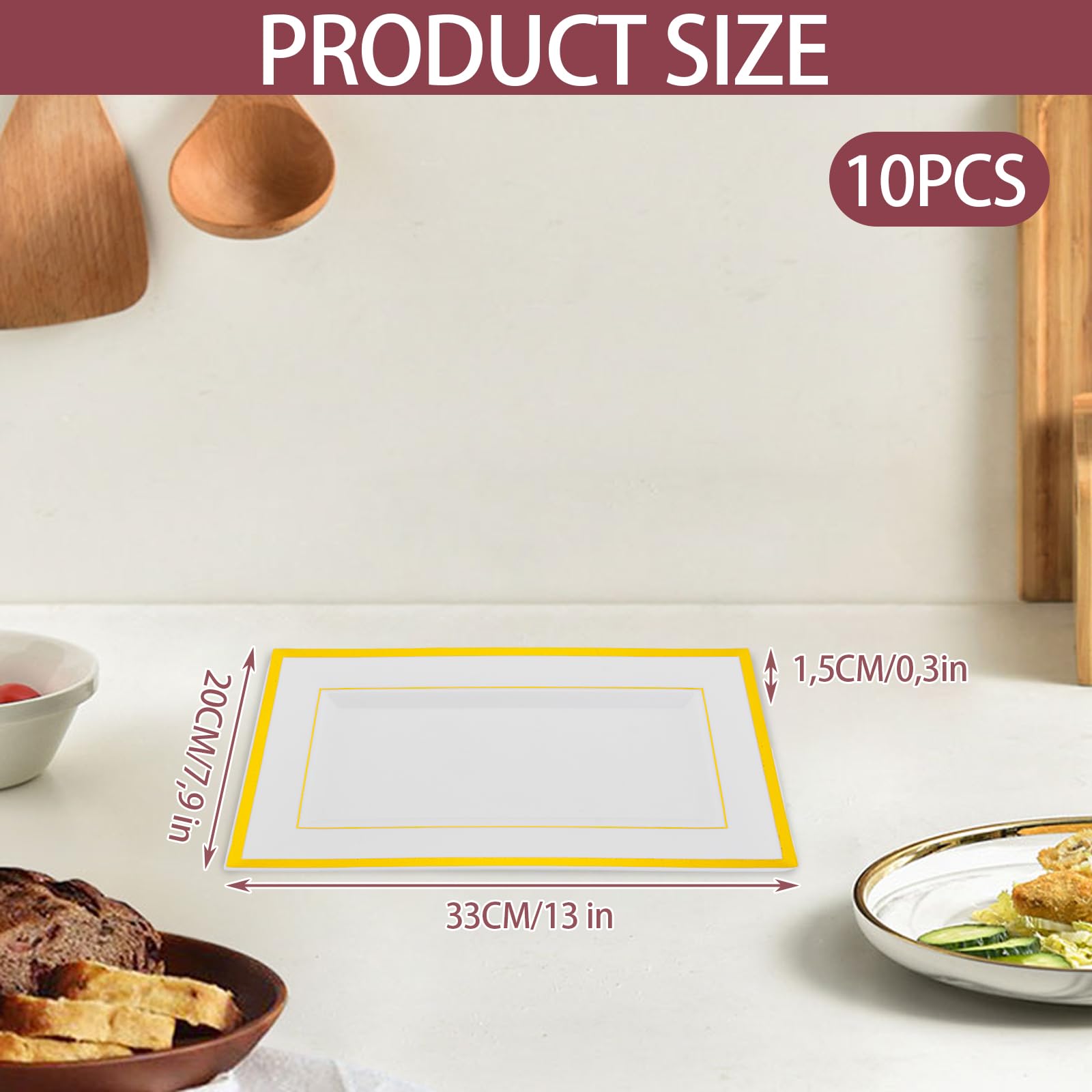 10 Stück Weiße Plastik Servierplatten mit Goldrand, 33x20x1,5cm Kunststoff Serviertablett Weiße, Servierplatten Kuchenplatte Rechteckig für Buffets, Sushi, Catering, Buffets, Geburtstage