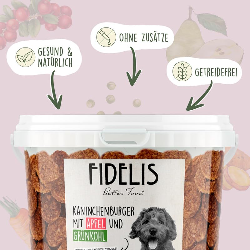 Fidelis - Kaninchenburger Apfel & Grünkohl für Hunde im praktischen 1kg-Eimer - Luftgetrocknete Hunde Leckerlis aus 100% natürlichen Rohstoffen