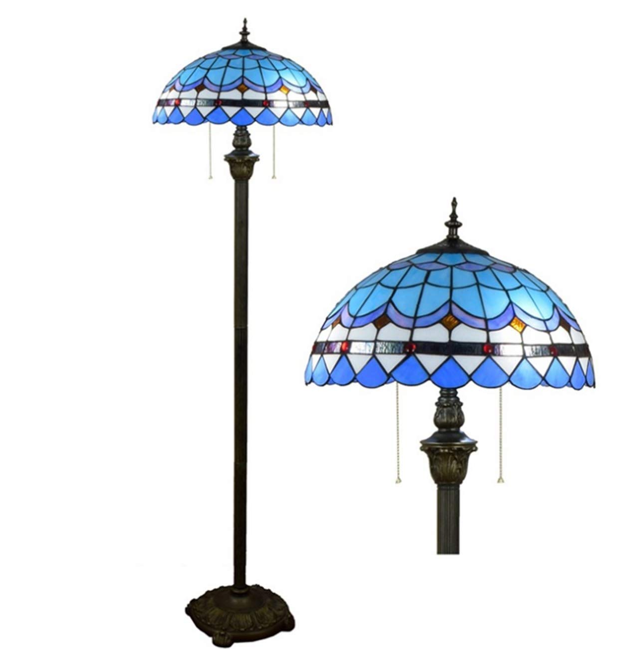 IUokLU Tiffany Style Floor Lamp, Blue Mediterranean Style Decoration Standing Light with 16" Stained Glass Shade