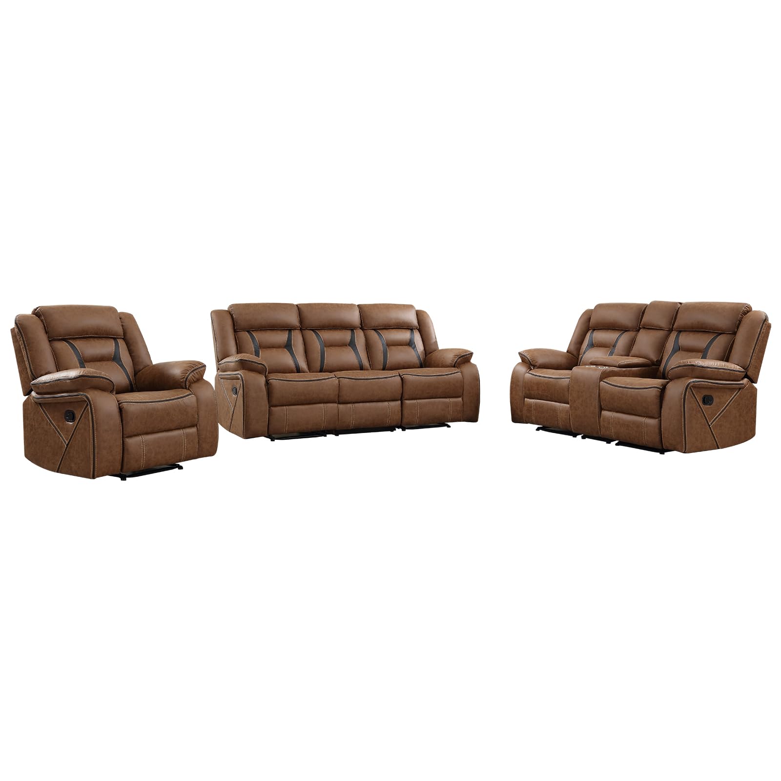 EBELLO Faux Leather Recliner Sofa Furniture Set for Living Room, Recliner Chair, Manual Loveseat, 3 Seat Recliniing Sofa Couch Set for Meeting Room, Brown view 7