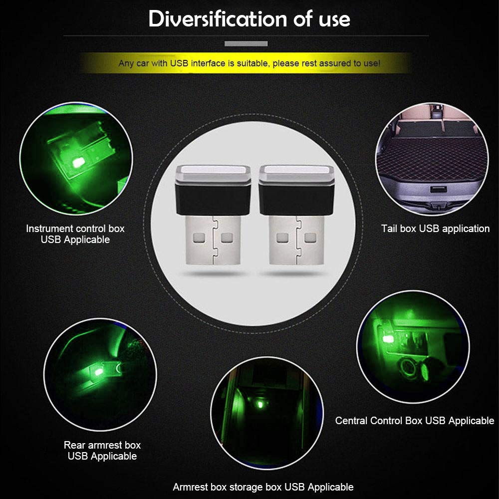 CTRICALVER Luce USB Auto, 5pcs Luci Ambiente, 5V Mini Kit per interni per auto, Interne LED Portatili, per la maggior parte dei dispositivi con porte (verde）