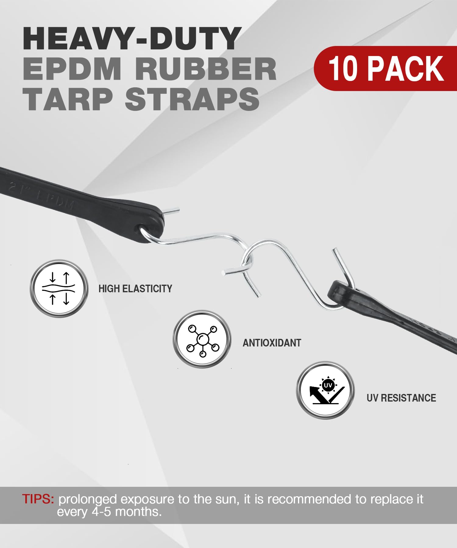 Lot de 10 tendeurs robustes de 53,3 cm avec crochets en S en métal, sangles de bâche d'extérieur EPDM pour sécuriser les cargaisons, bâches, toiles par tous les temps - Extensible max 1,5 x