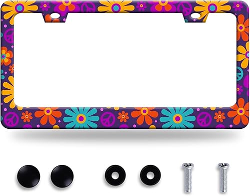 Marco de matrícula de flores hippie, letrero floral de paz hippie, placa de matrícula colorida de acero inoxidable, decoración divertida de placa