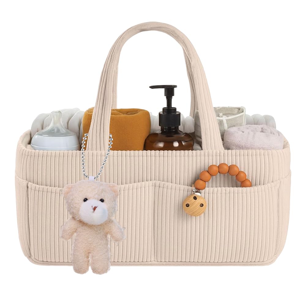 Organizador Pañales, Portátil Organizador Bebe con Osito de peluche, Grande Cesta Organizadora Bebe con Asa, Cesta Cambiador Bebes para Viaje