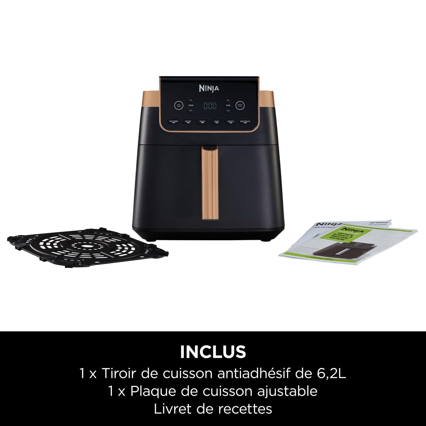 Ninja Air Fryer MAX PRO, 6,2 L, Grand tiroir, rôtir, cuire au four, frire sans huile, familial, antiadhésif, panier/plaque croustillante compatibles lave-vaisselle, pinces, noir/cuivre, AF180EUCP