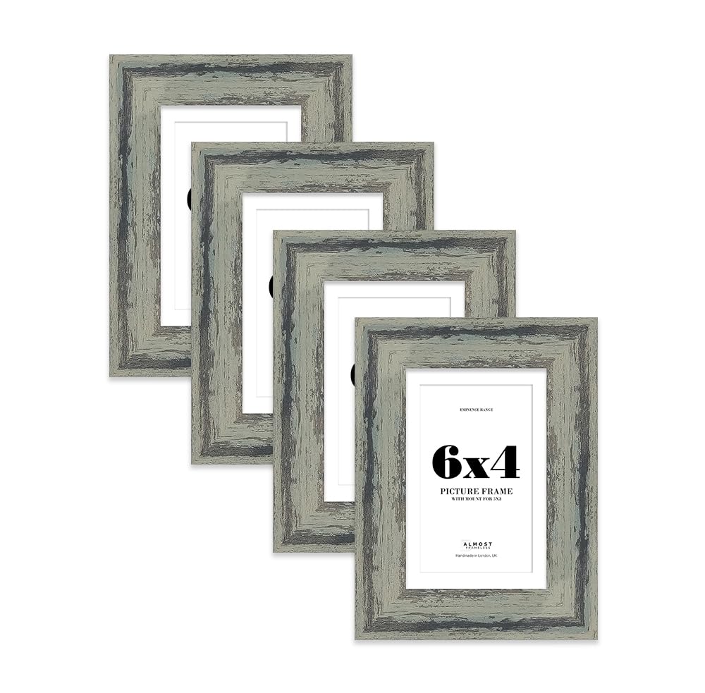 6x4" Distressed Green Picture Frame with 5x3" Mount - Rustic Photo Frame with Distressed Finish, Wall Hooks and Kickstand, 32mm Edge - 4 Pack